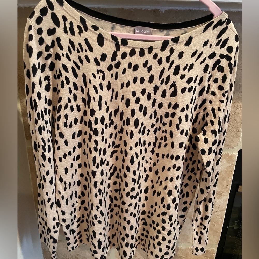 Chico's Black Cream Leopard Print lightweight sweater tunic mobwife old money  L